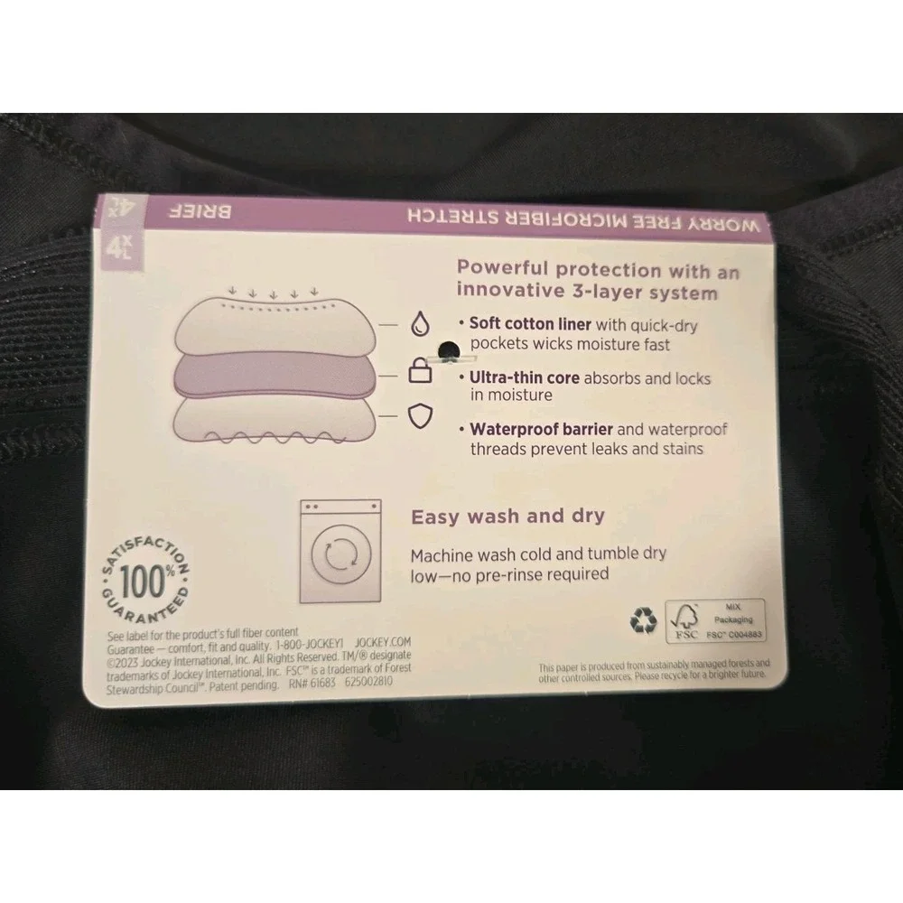 Jockey Period Underwear 4XL Brief Mod Absorbency Stretch Black